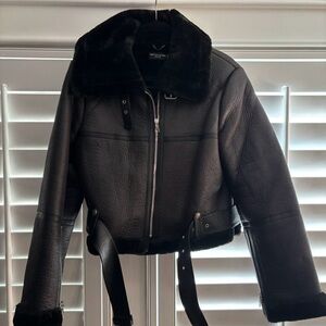 PrettyLittleThing Black Leather Jacket with Shearling Collar